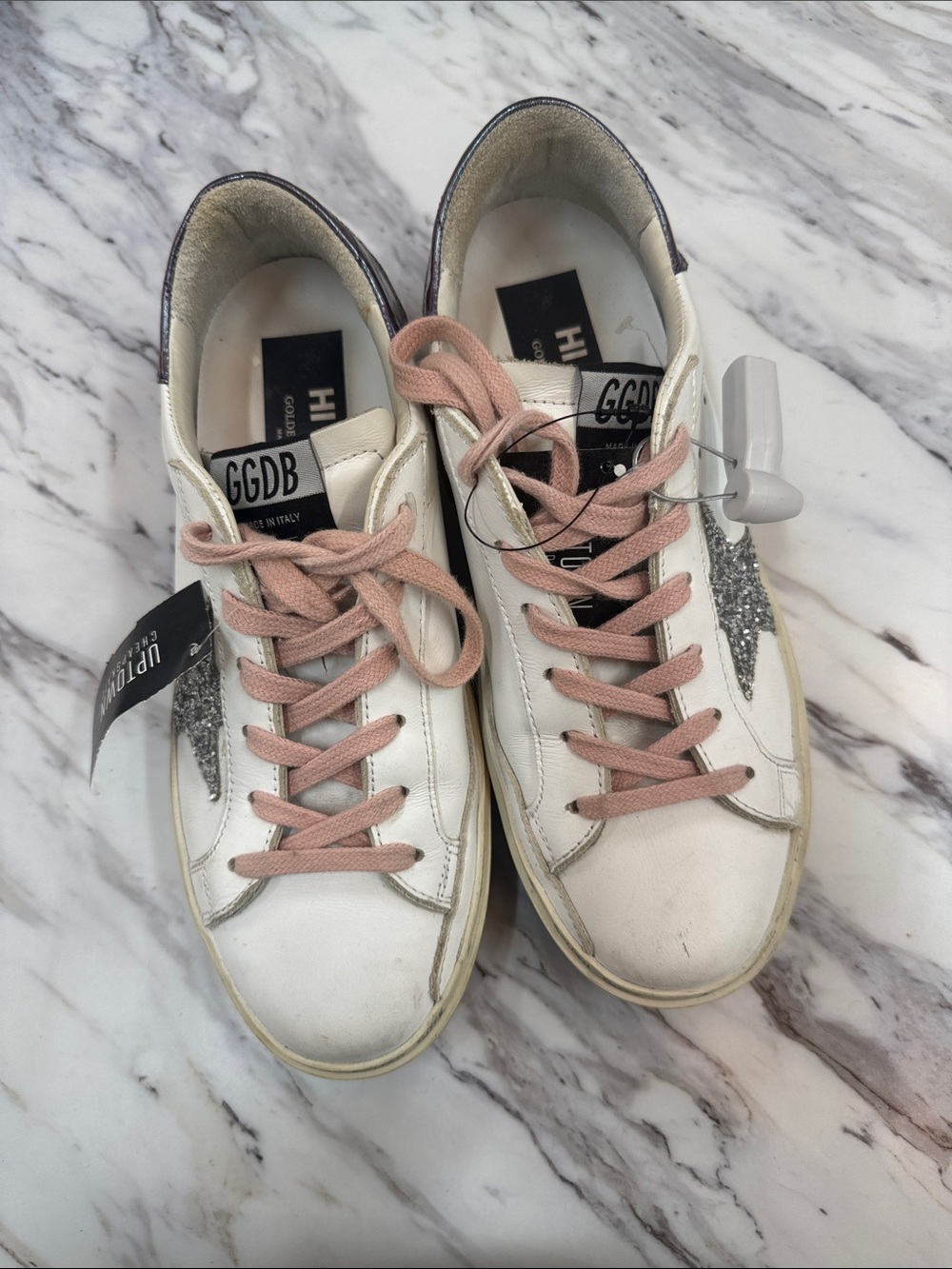 Golden Goose White Leather Sneakers with Pink Laces and Silver Star - Picture 9 of 10